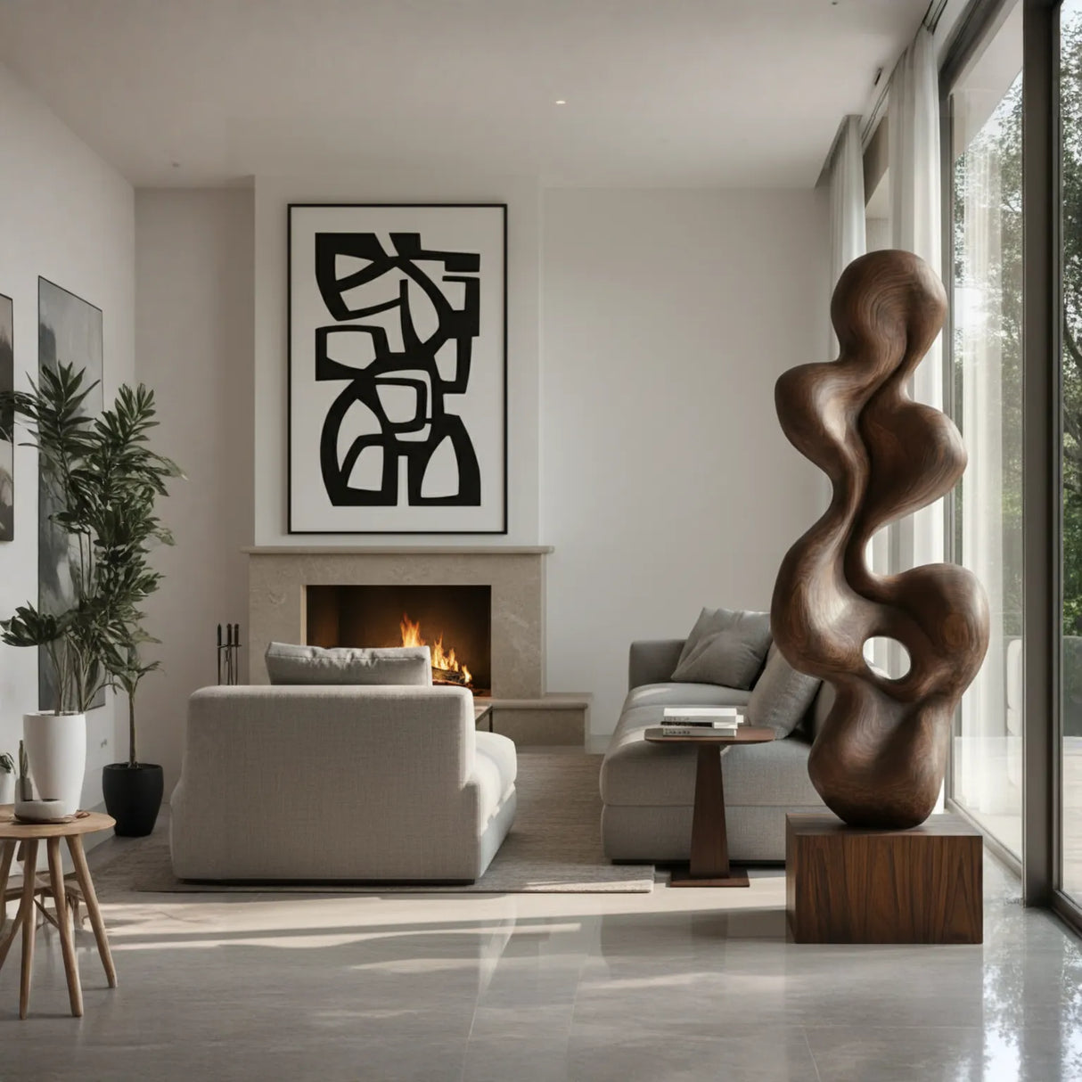 Hand-Carved Abstract Solid Wood Sculpture for Luxury Modern Interiors