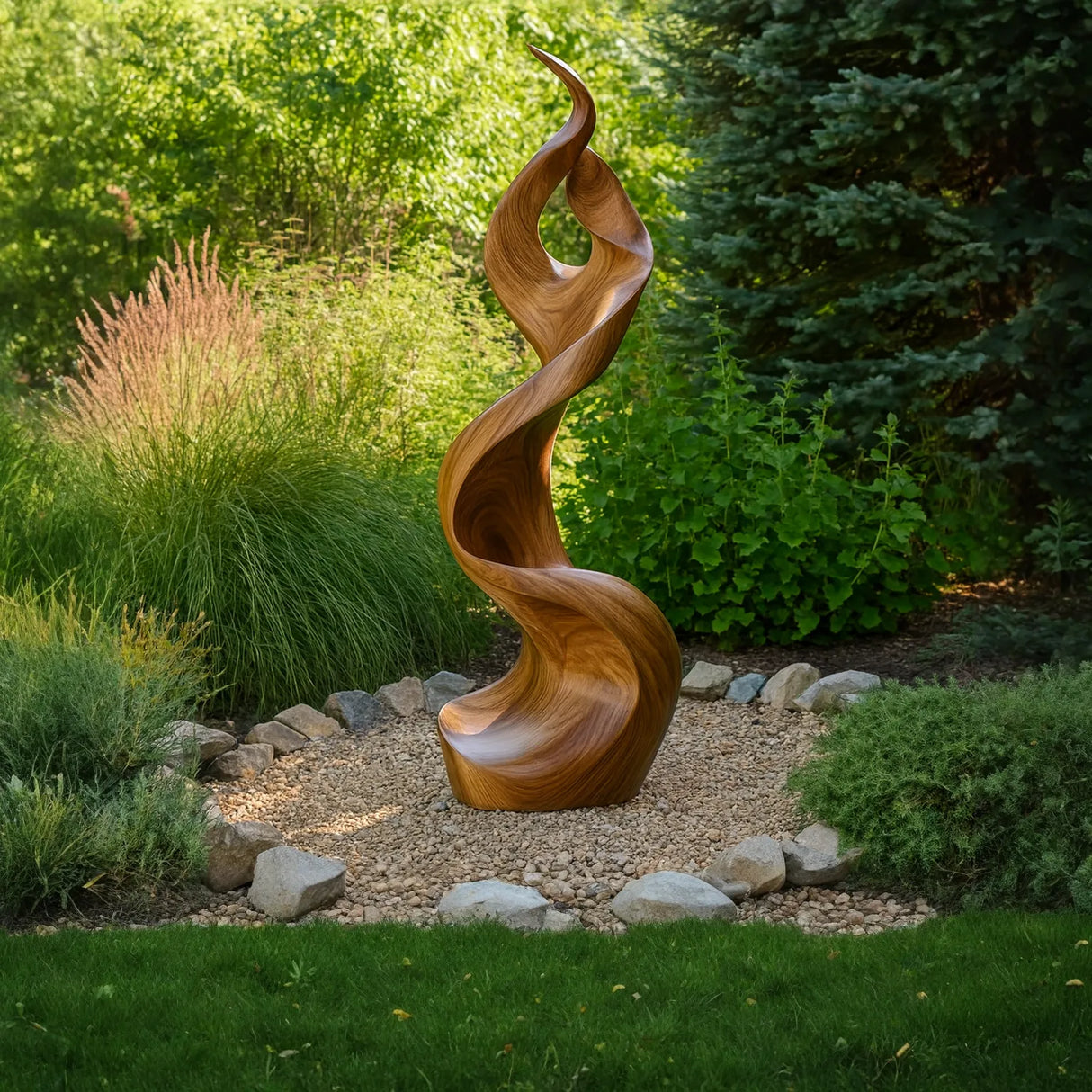 Outdoor Solid Wood Spiral Flame Sculpture for Gardens and Modern Landscapes