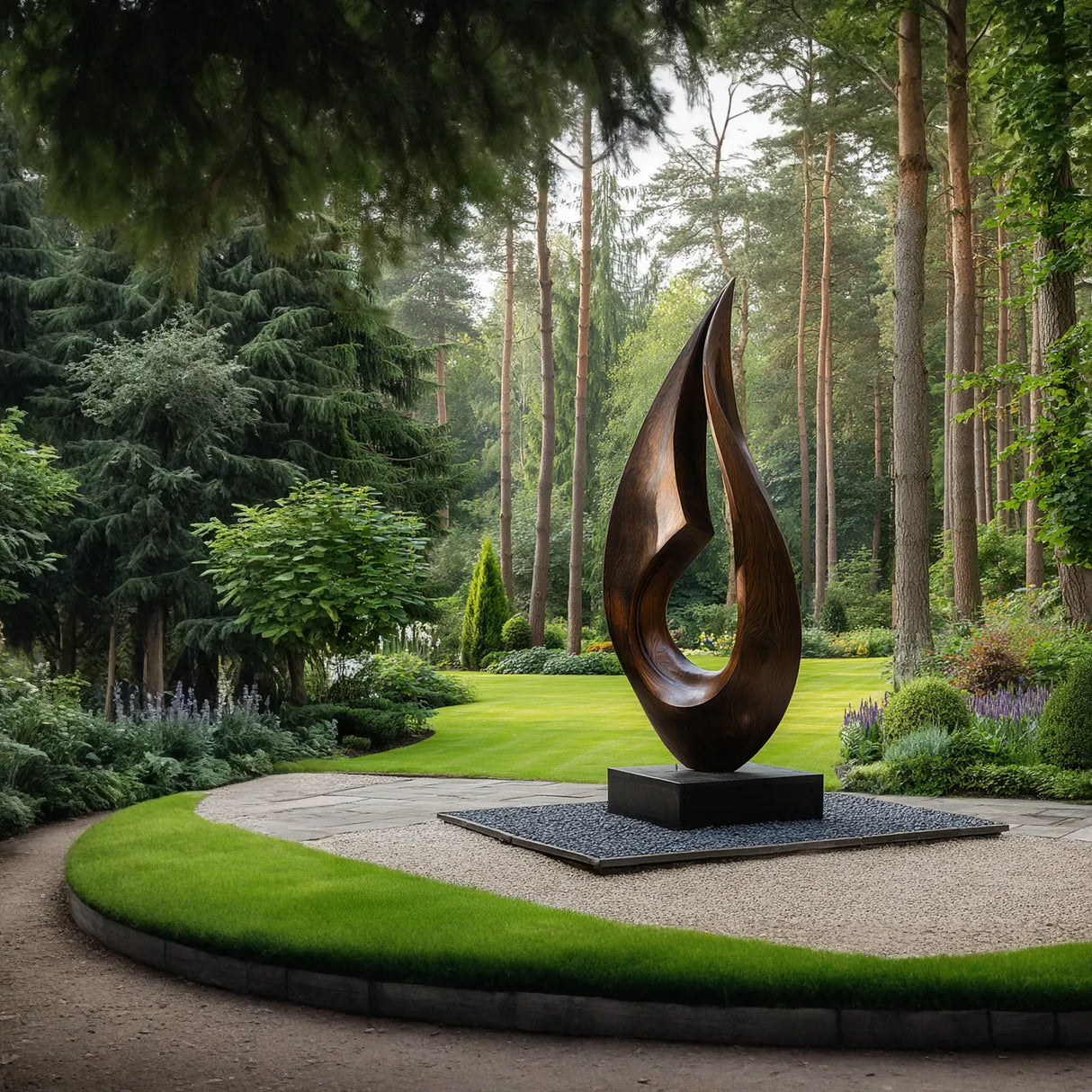 Large Outdoor Solid Wood Flame Sculpture with Plinth for Gardens, Courtyards, and Modern Landscapes
