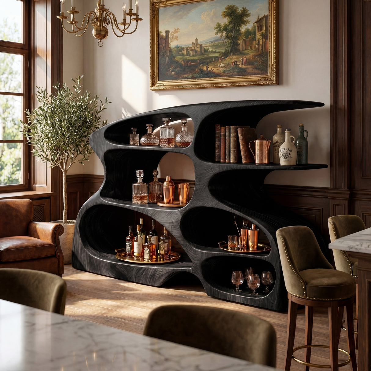 Handcrafted Solid Wood Wine Cabinet with Open Display Shelves