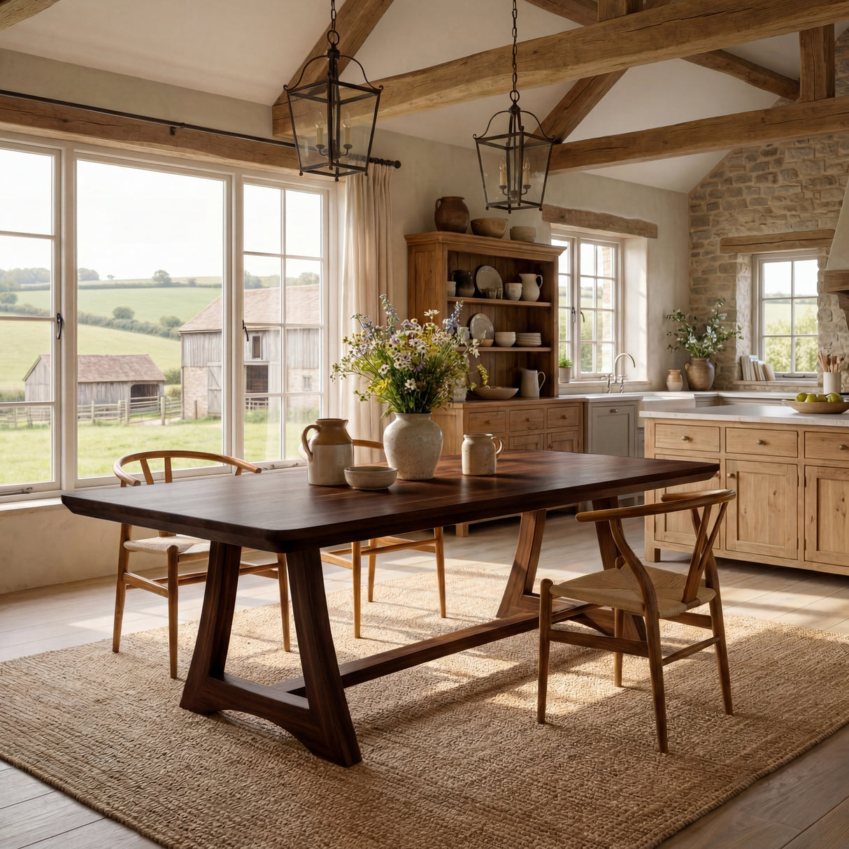 Rectangular Solid Wood Dining Table with Minimalist Frame Base for Dining Room