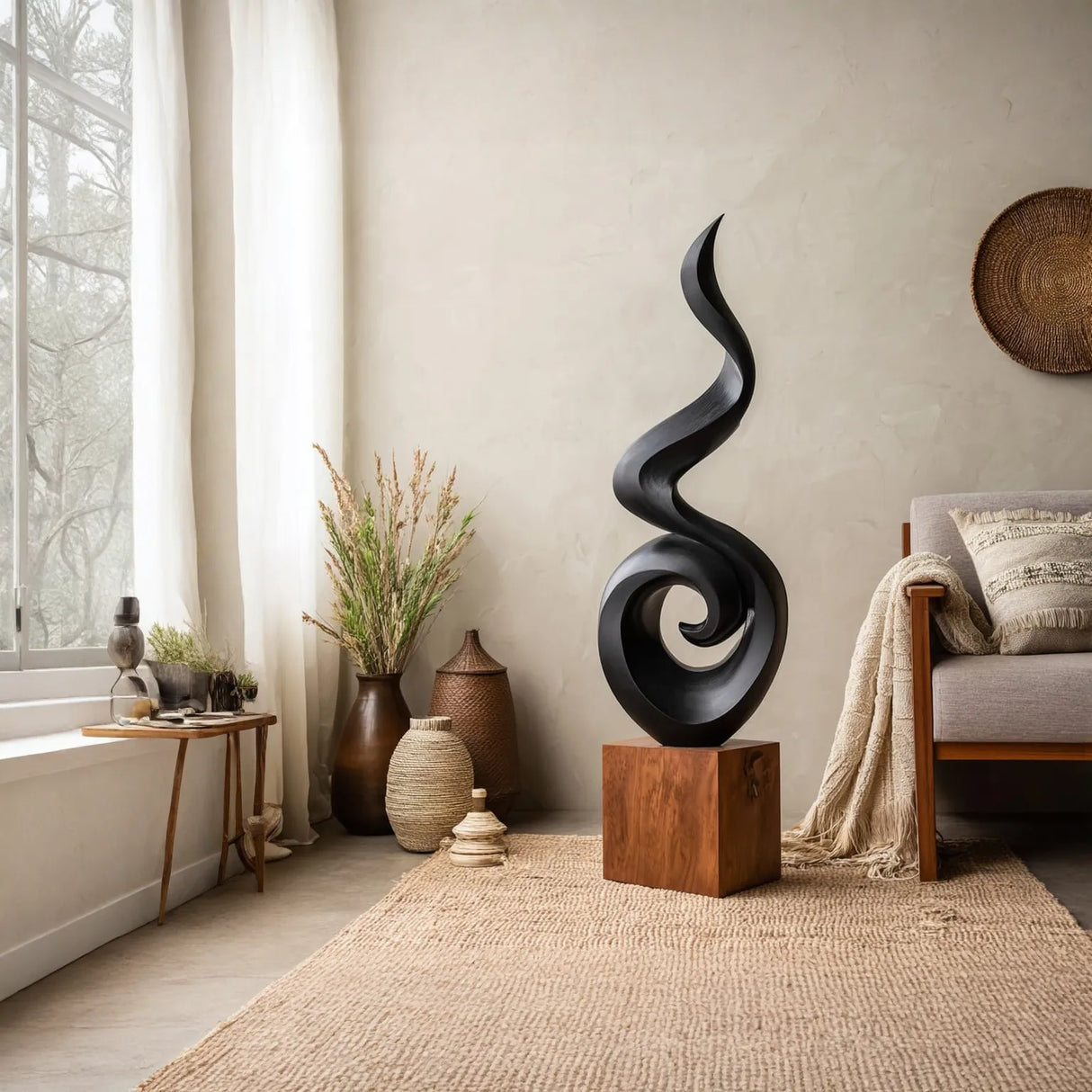Solid Wood Spiral Flame Sculpture for Living Room and Interior Display