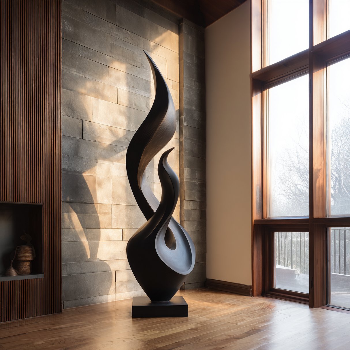Tall Solid Wood Flame Floor Sculpture for Modern Interiors