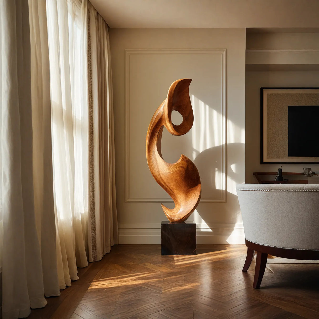 Tall Solid Wood Abstract Floor Sculpture with Plinth for Modern Interiors