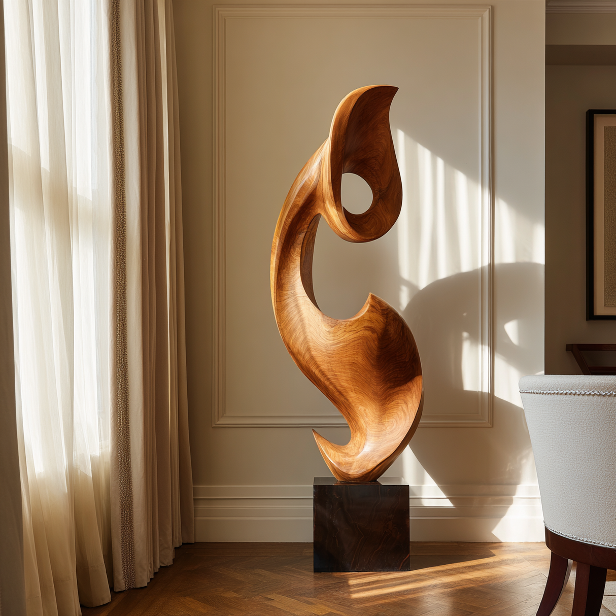 Tall Solid Wood Abstract Floor Sculpture with Plinth for Modern Interiors