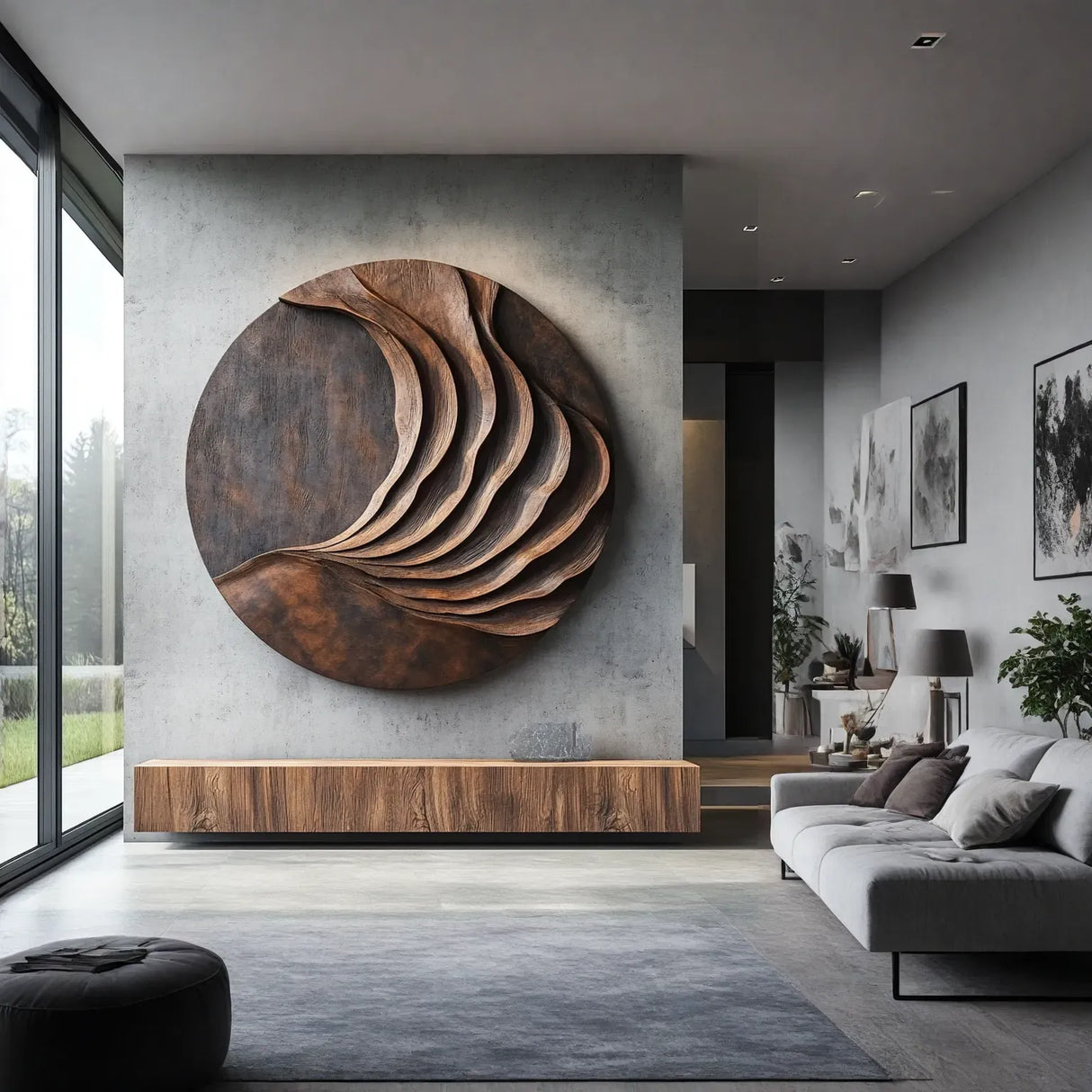 Large Solid Wood Layered Wave Circle Wall Sculpture for Modern Interiors