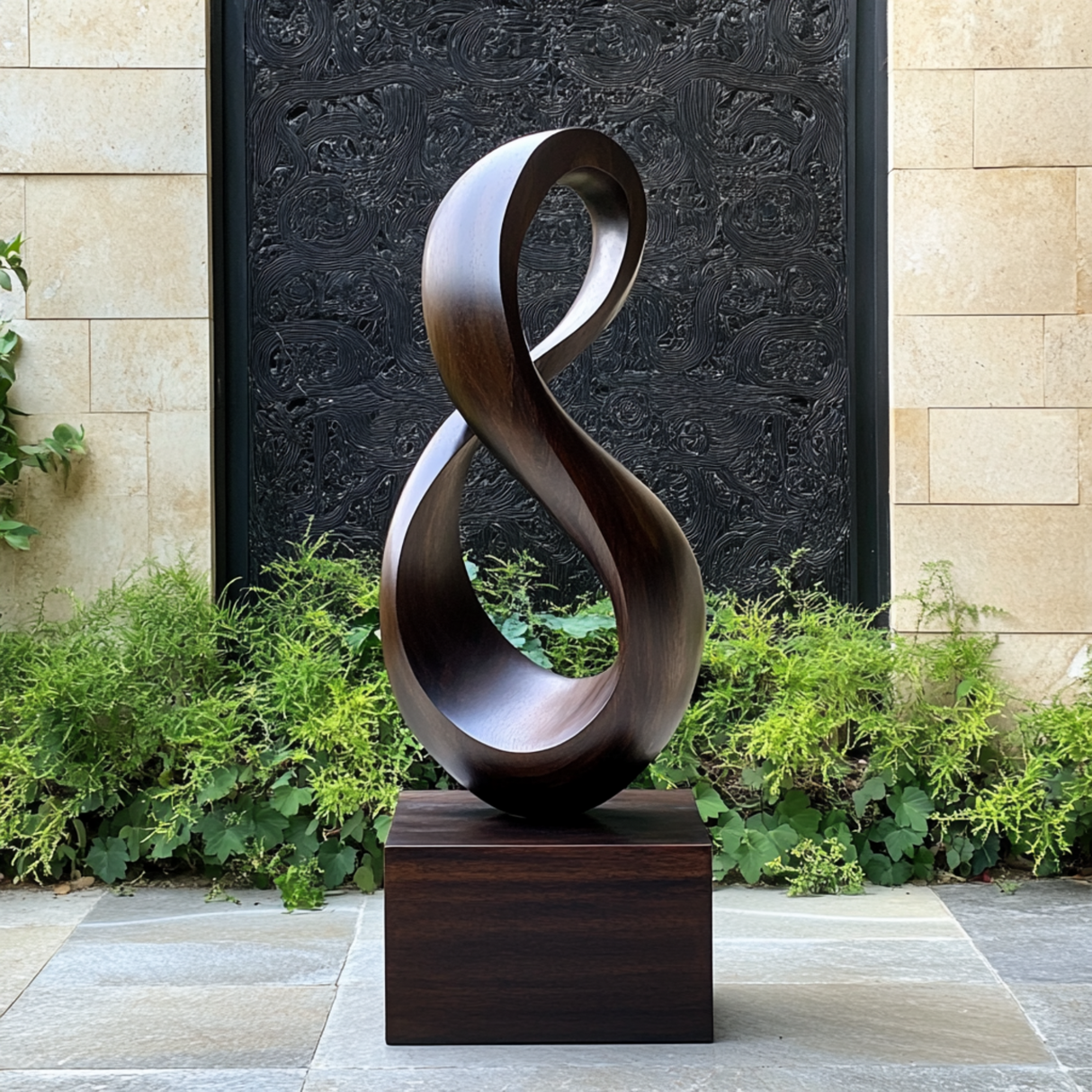 Tall Solid Wood Infinity Loop Sculpture with Plinth for Modern Spaces