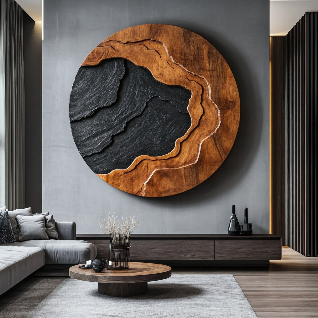 Large Abstract Solid Wood Circular Wall Art Panel for Contemporary Interiors