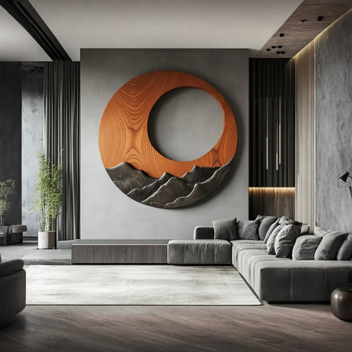 Round Solid Wood Wall Sculpture Mountain Relief for Modern Rustic Decor