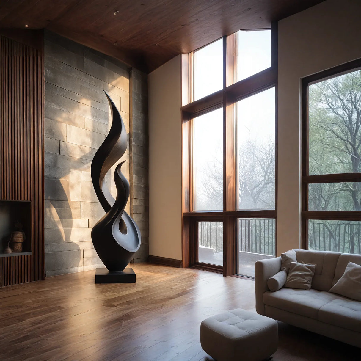 Tall Solid Wood Flame Floor Sculpture for Modern Interiors