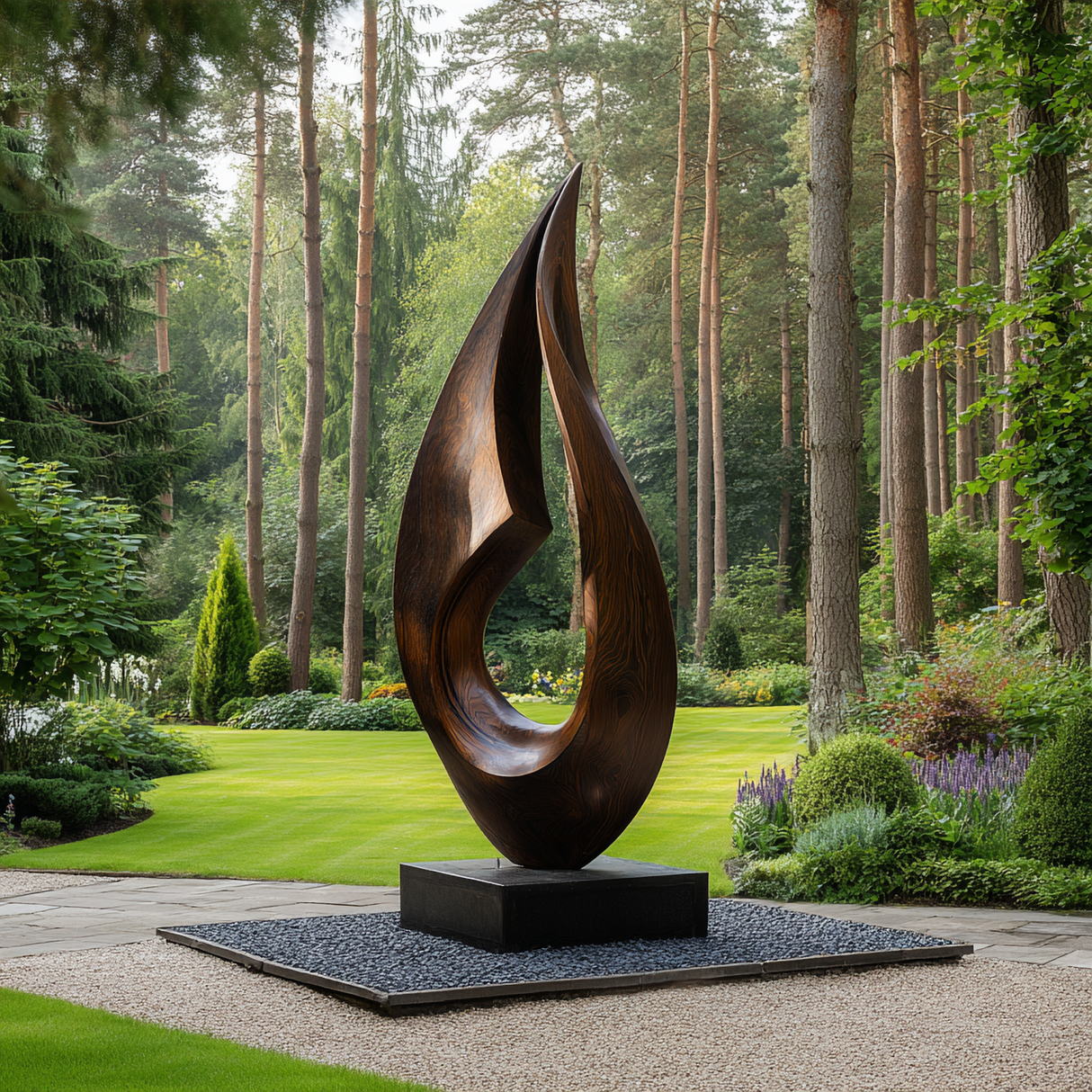 Large Outdoor Solid Wood Flame Sculpture with Plinth for Gardens, Courtyards, and Modern Landscapes