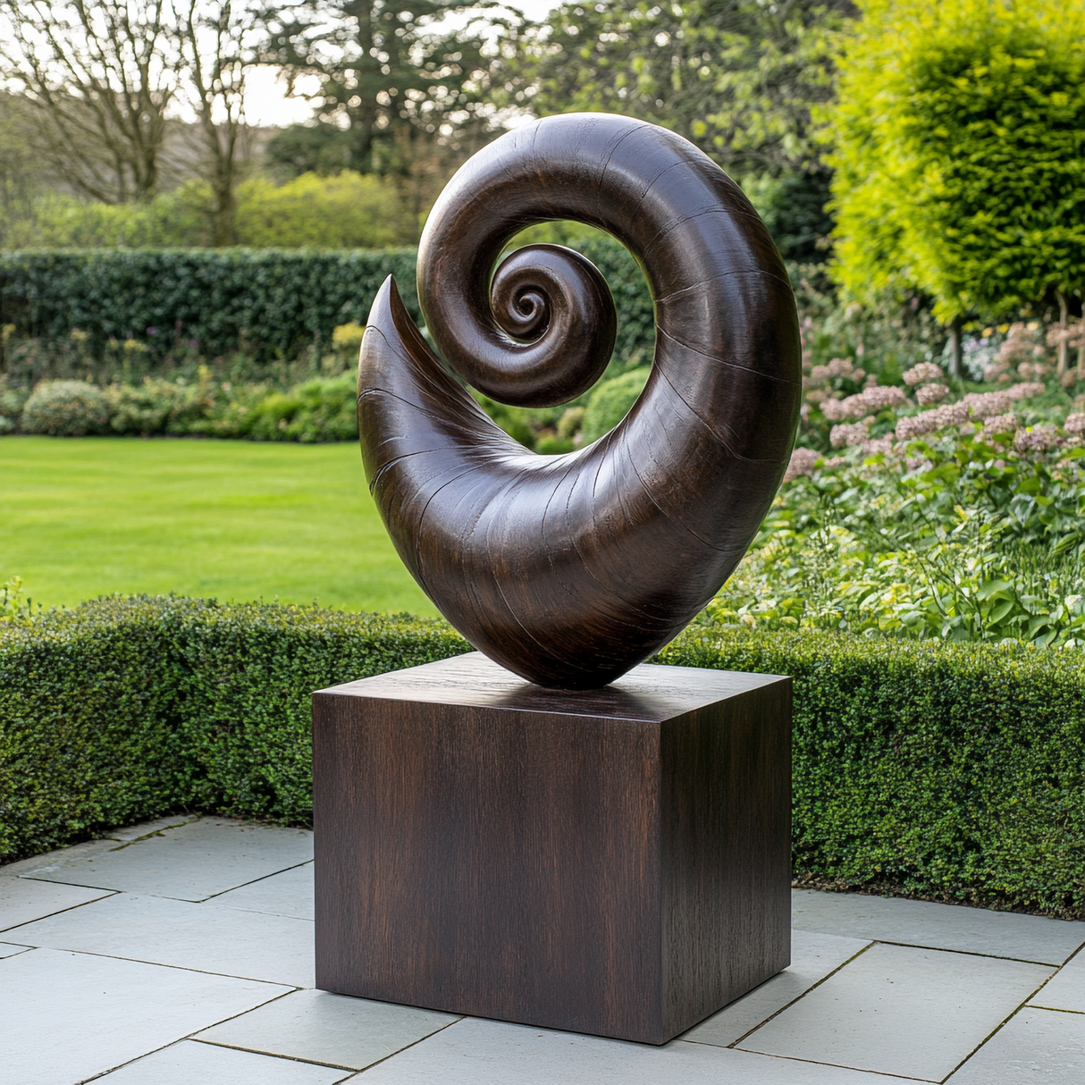 Solid Wood Spiral Shell Sculpture with Plinth for Gardens and Modern Landscapes