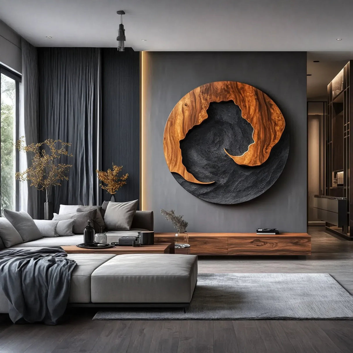 Large Circular Solid Wood Wall Sculpture for Contemporary Living Rooms