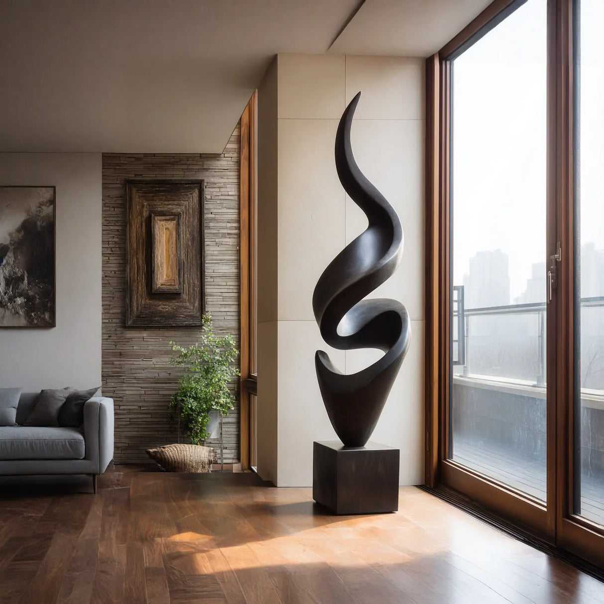 Tall Spiral Solid Wood Floor Sculpture with Plinth for Modern Living Rooms