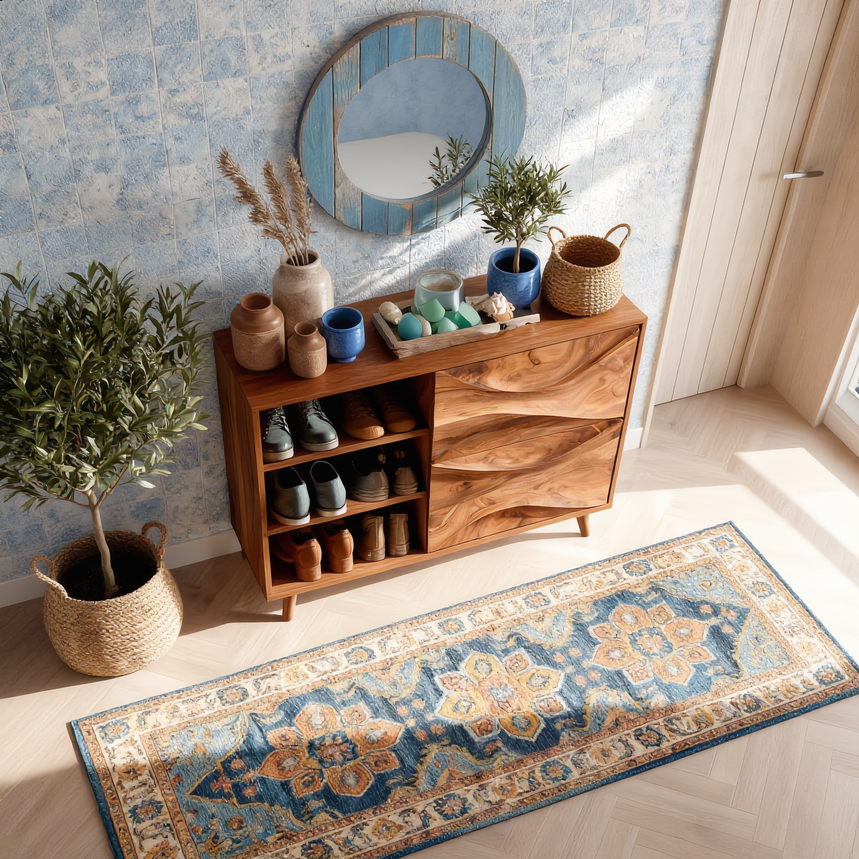 Handcrafted Solid Wood Shoe Cabinet with Wave Front Doors for Entryway and Hallway