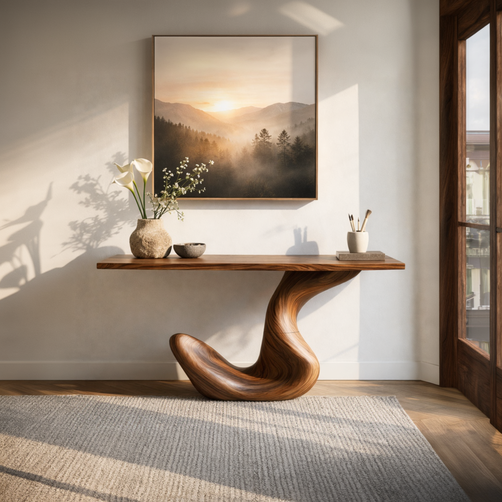 Hook Curve Sculptural Solid Wood Console Table with Monolithic Loop Base