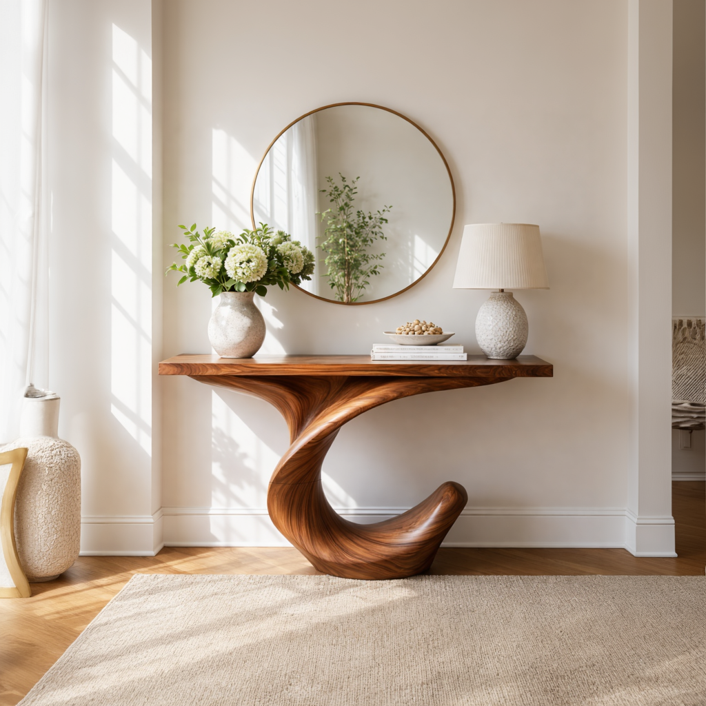 Crescent Twist Sculptural Solid Wood Console Table with Raised Curl Base