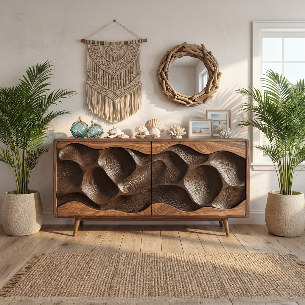 Solid Wood Sculpted Wave Credenza for Living Room and Dining Storage