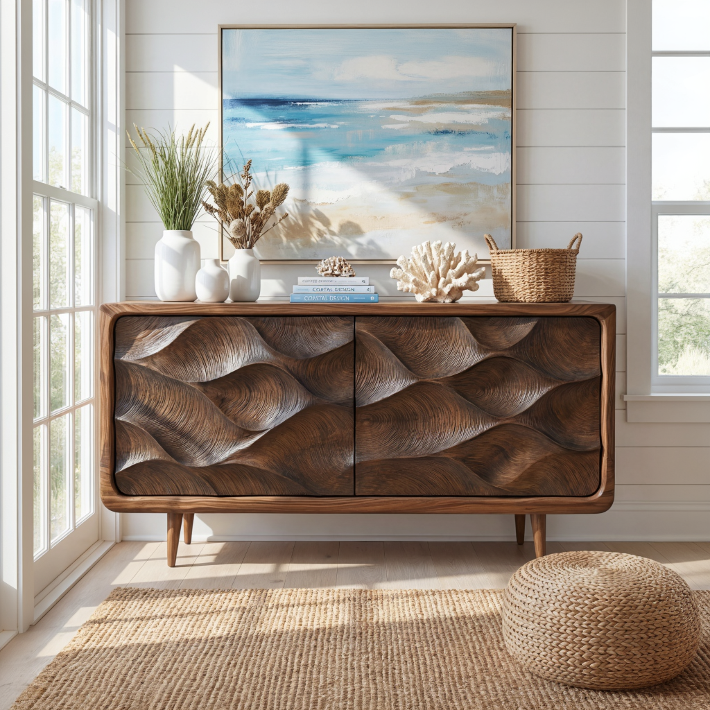 Wave Carved Solid Wood Sideboard Cabinet for Living and Dining Room Storage