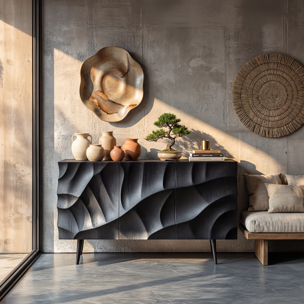 Black Sculpted Wave Front Sideboard for Modern Living and Dining