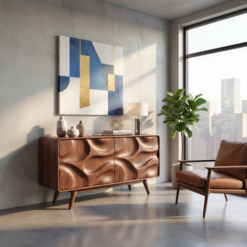 Sculpted Walnut Wood Sideboard Cabinet for Living Room or Dining Room