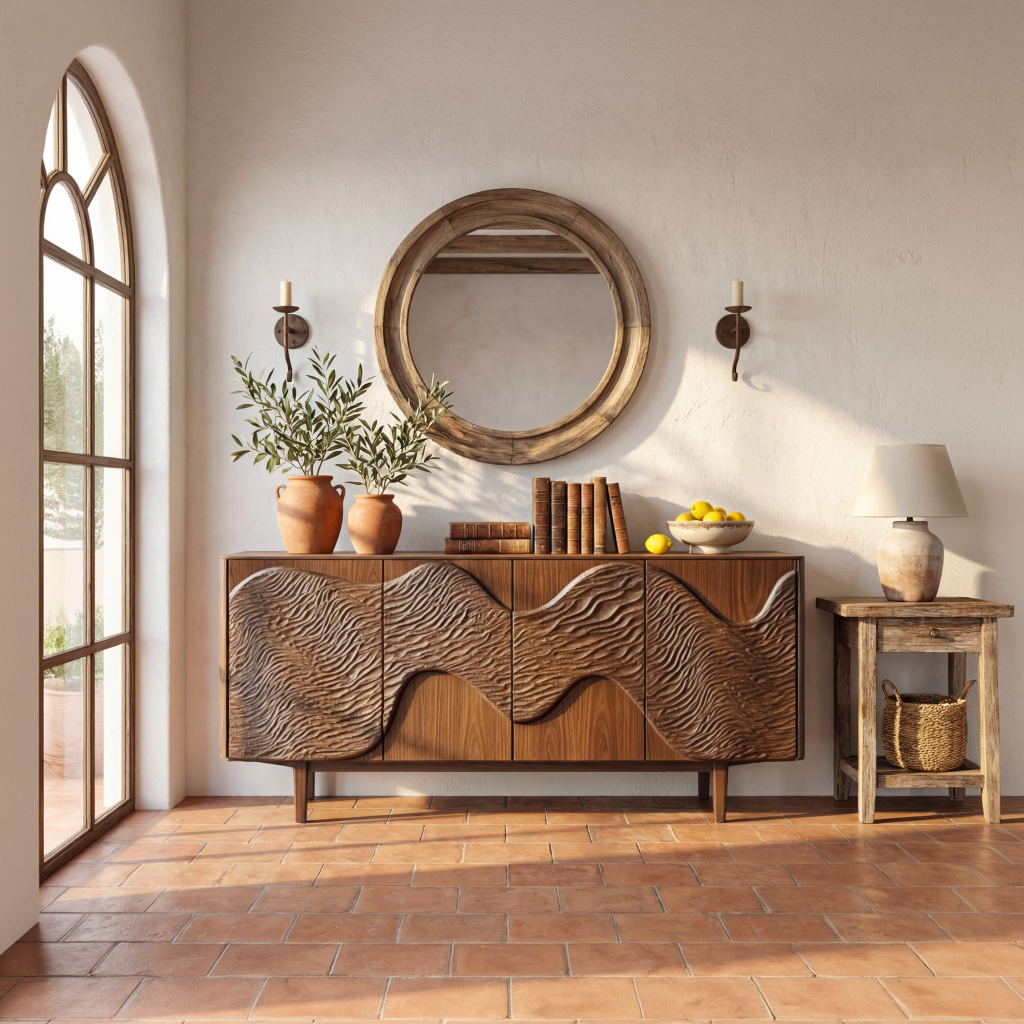 Sculpted Wave Front Wood Sideboard Cabinet for Living Room or Dining Room
