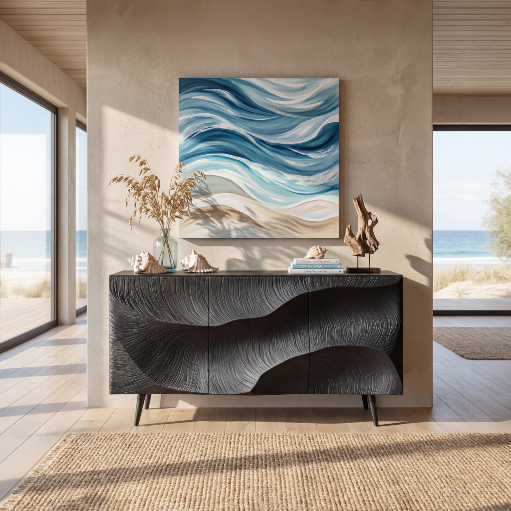 Sculpted Black Feather Front Wood Sideboard Cabinet for Modern Living and Dining Rooms