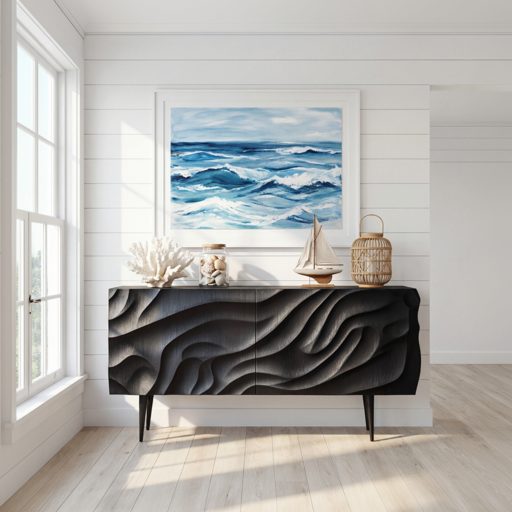 Sculpted Black Wood Sideboard Cabinet with Carved Wave Front for Modern Living and Dining Rooms