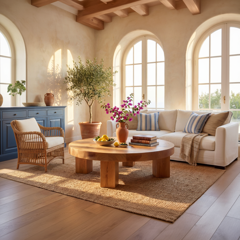 Round Wood Coffee Table with Chunky Block Legs