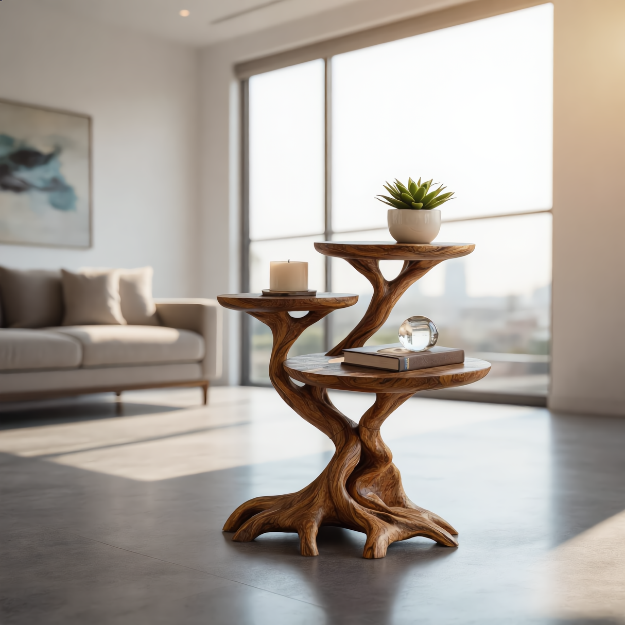 Root Form Three Level Wood Accent Table with Sculptural Branch Base