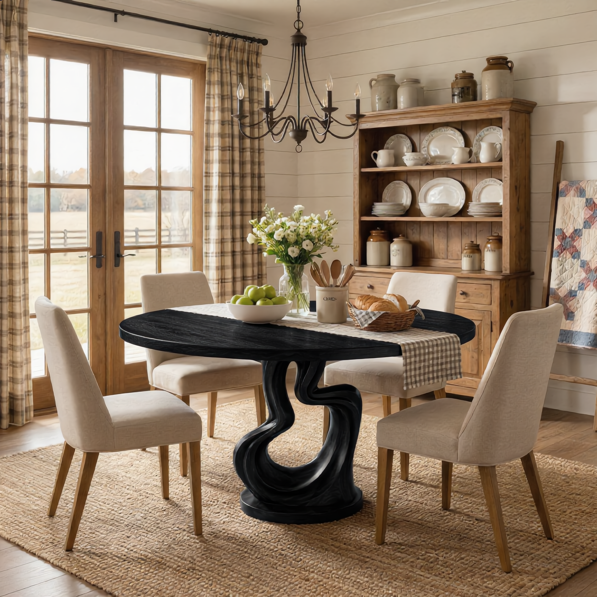 Round Solid Wood Dining Table with Twisted Sculptural Base for Dining Room