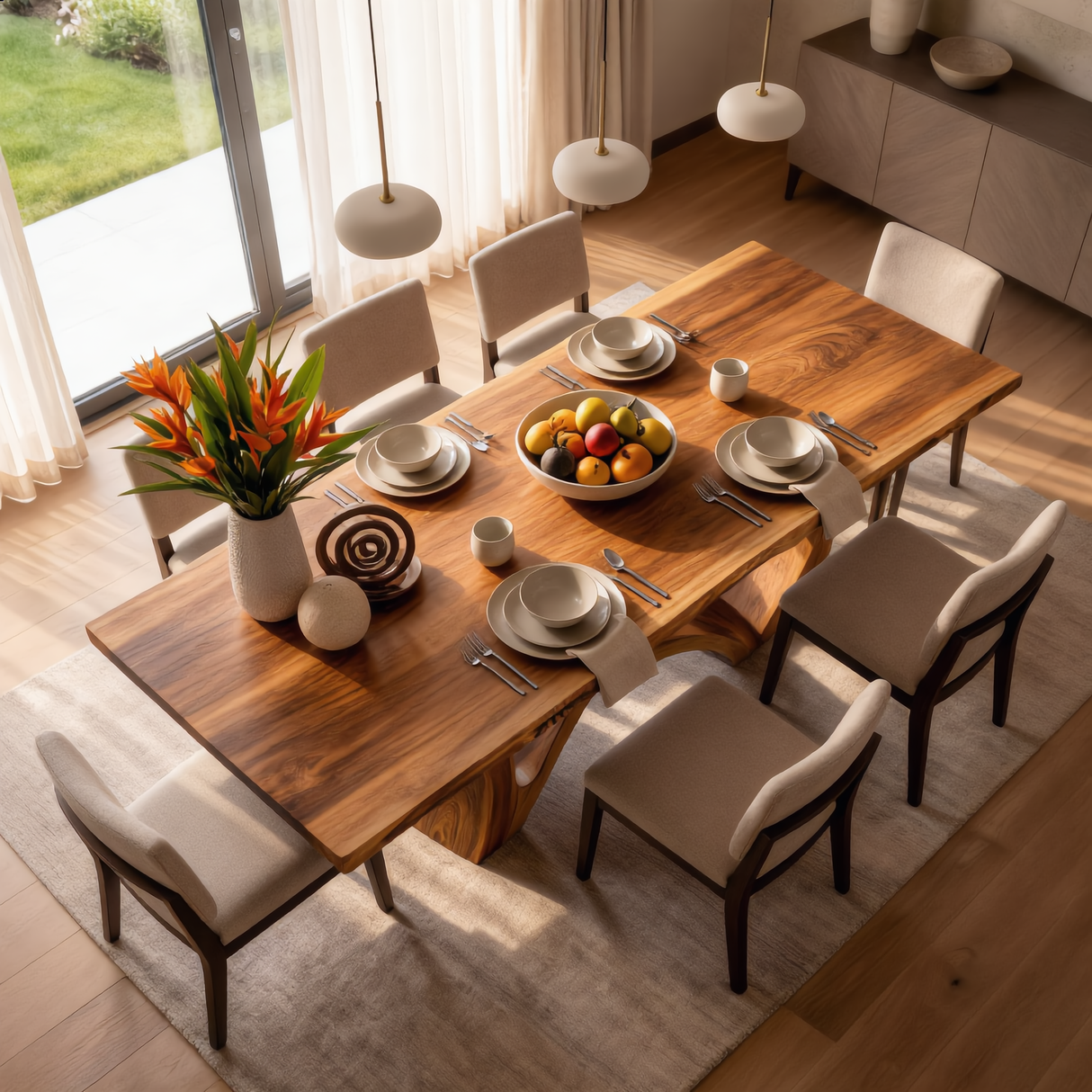Live Edge Solid Wood Dining Table with Sculptural Curved Base for Dining Room