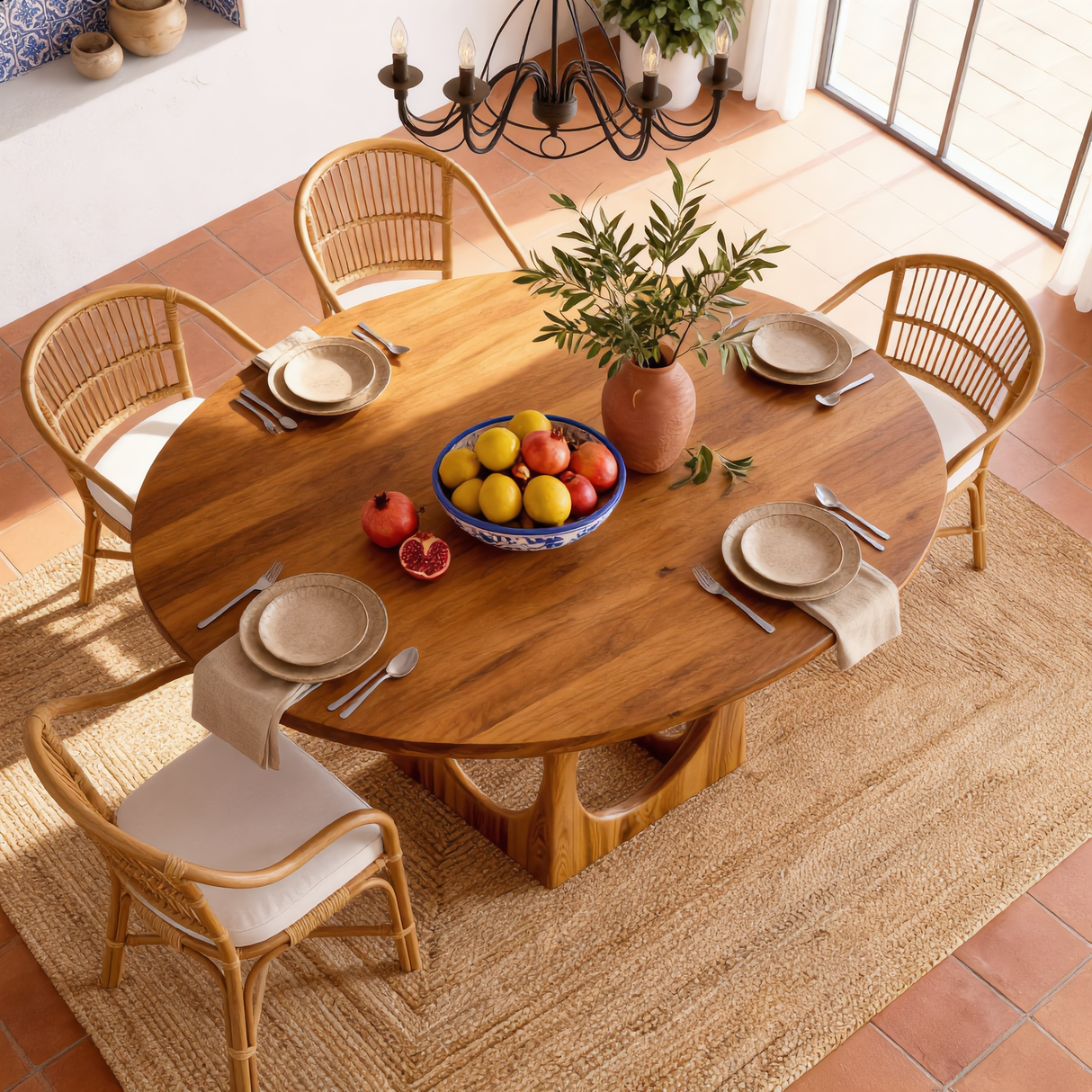 Round Solid Wood Dining Table with Architectural Cut-Out Base for Dining Room
