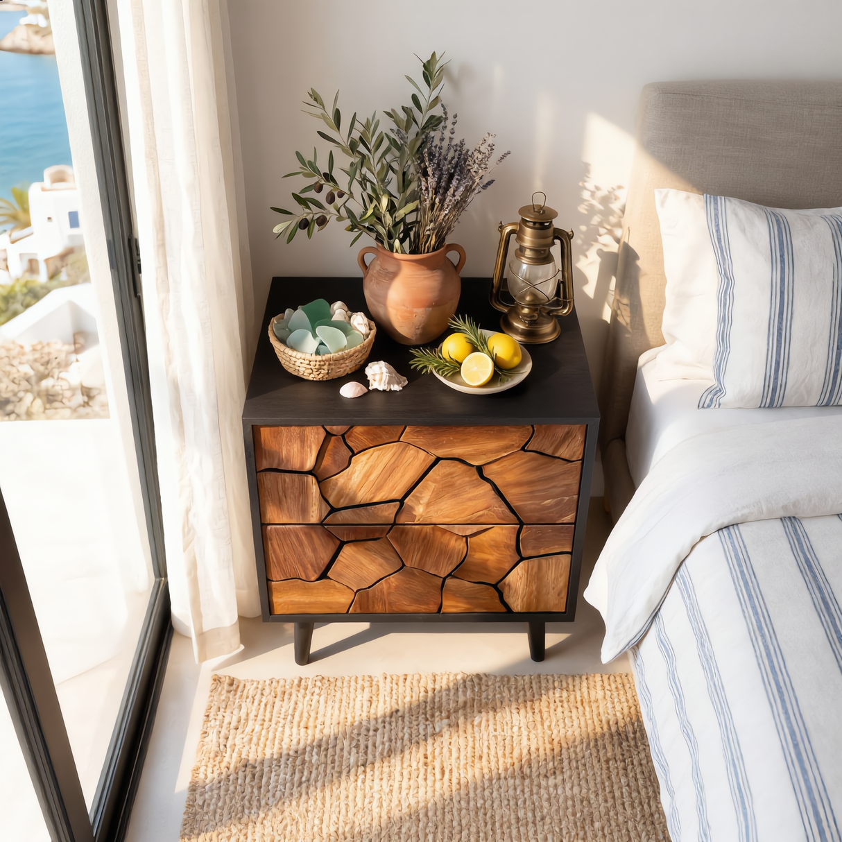 Handcrafted Solid Wood Nightstand with Geometric Carved Drawer Fronts and Black Frame