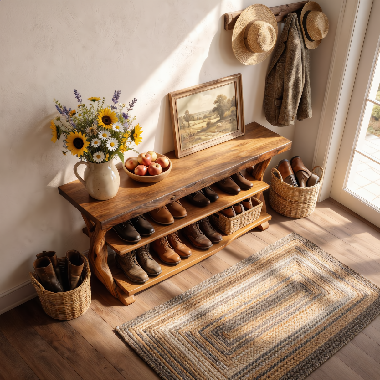 Handcrafted Solid Wood Shoe Rack Console with Open Shelves and Sculptural Branch Legs