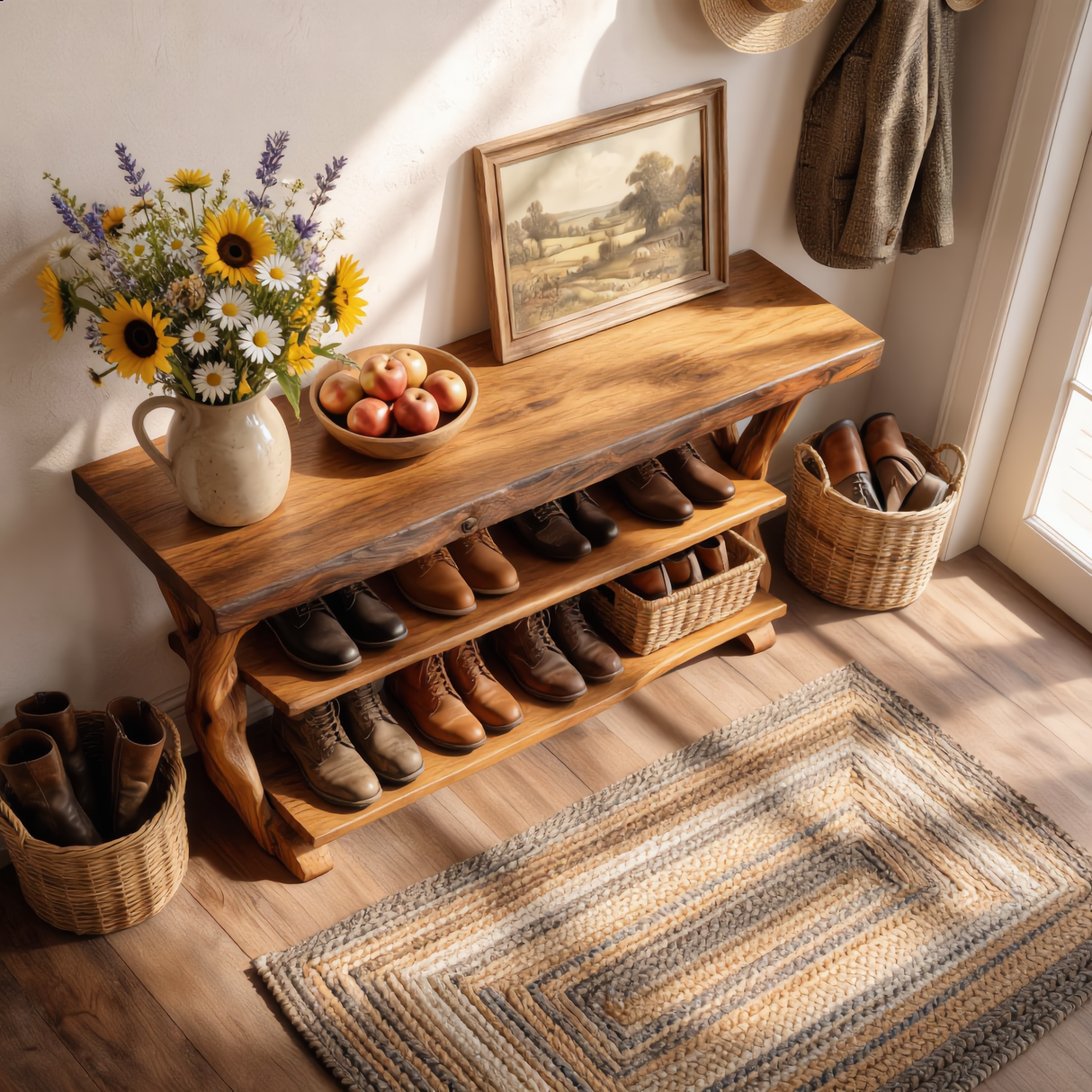 Handcrafted Solid Wood Shoe Rack Console with Open Shelves and Sculptural Branch Legs
