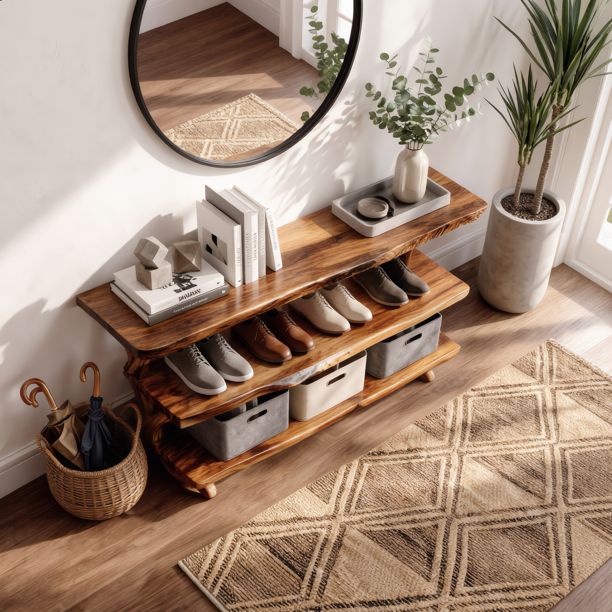 Handcrafted Solid Wood Shoe Rack Console with Open Shelves and Organic Branch Base