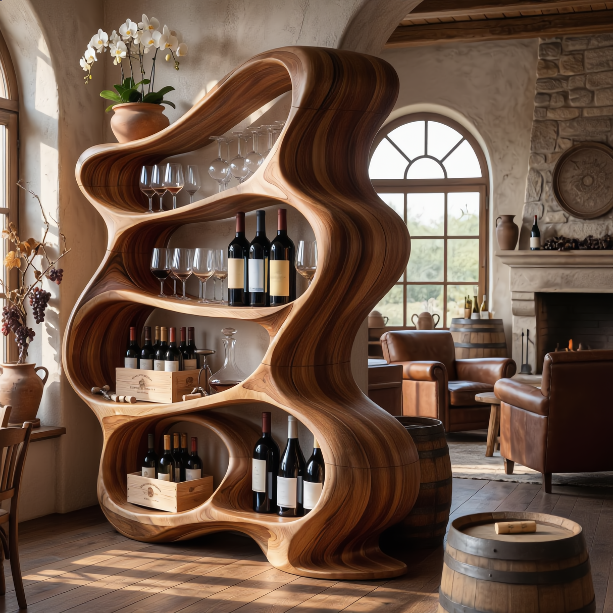 Handcrafted Solid Wood Wine Rack Cabinet with Flowing Open Shelves