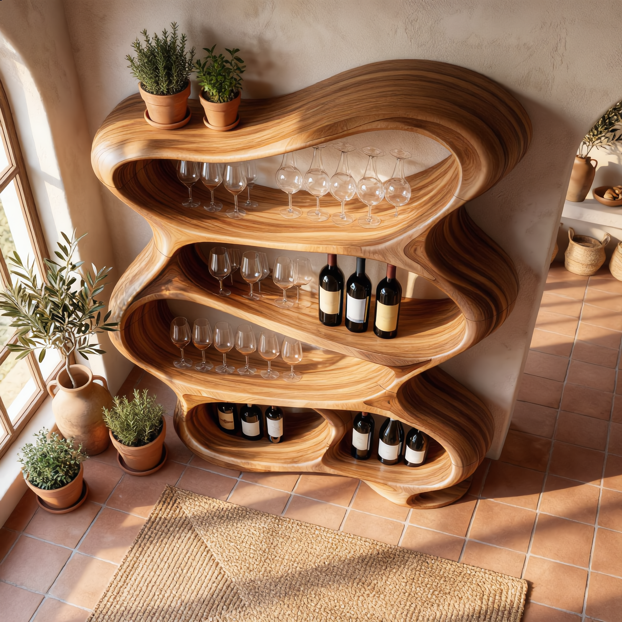 Handcrafted Solid Wood Wine Rack Cabinet with Flowing Open Shelves