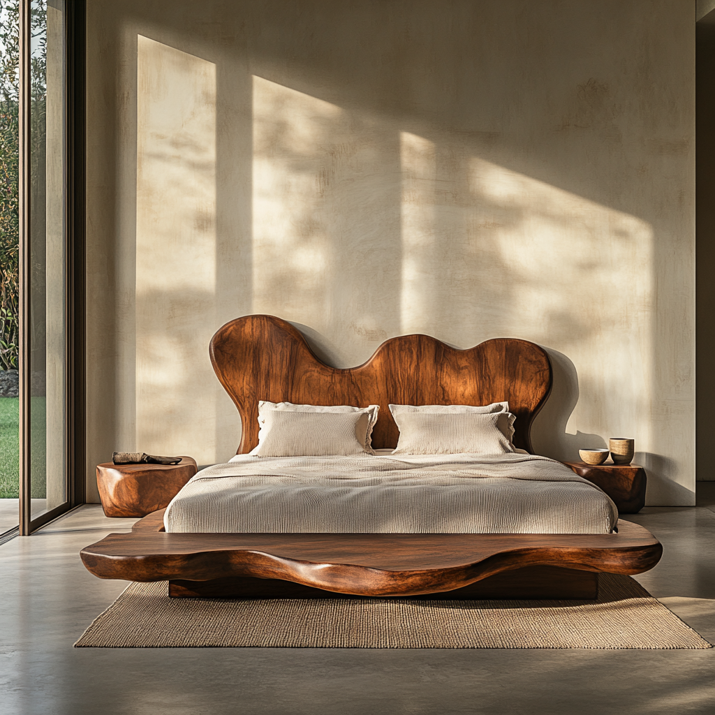 Solid Wood Platform Bed with Sculptural Wavy Headboard for Bedroom