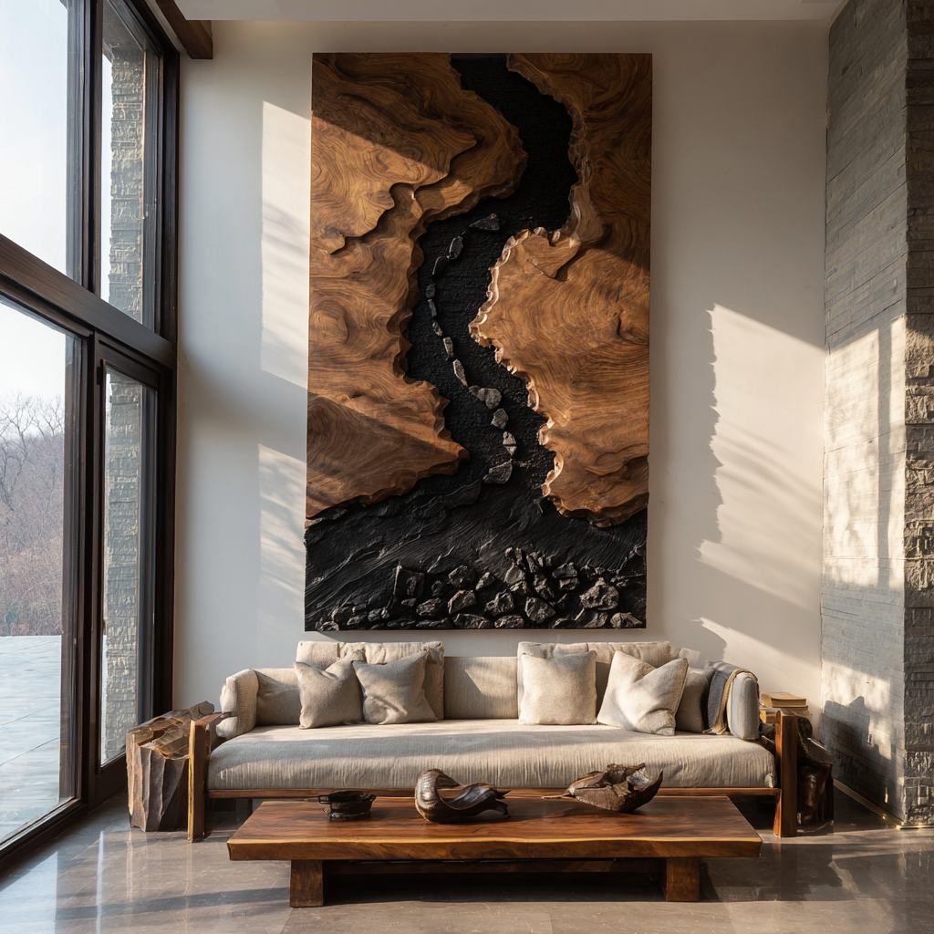 Large Solid Wood River Landscape Wall Sculpture for Modern Living Rooms