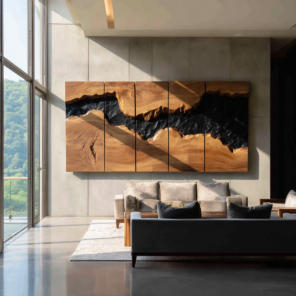 Large Solid Wood River Horizon Panel Wall Sculpture for Modern Living Rooms