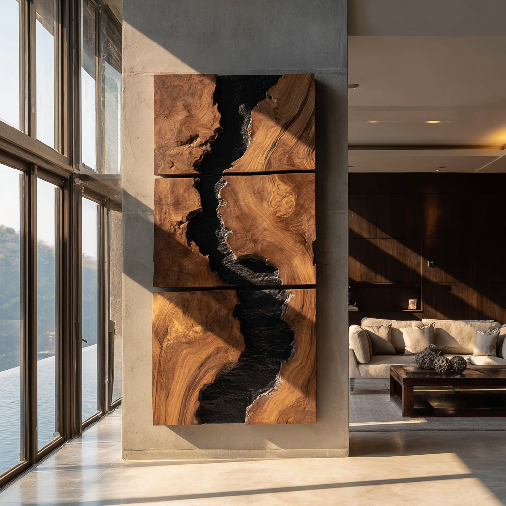 Large Solid Wood River Triptych Wall Sculpture for Modern Interiors
