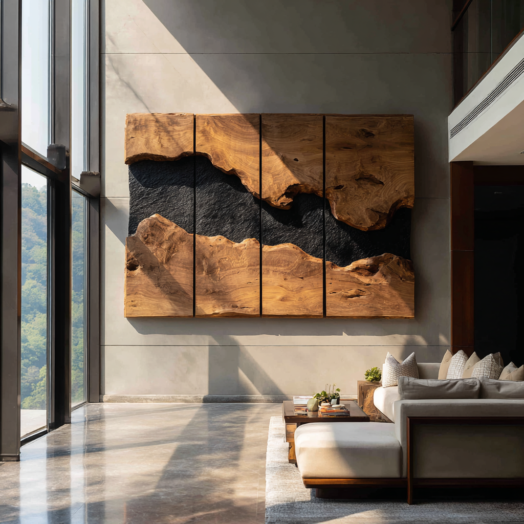 Large Solid Wood River Panel Wall Sculpture for Modern Living Rooms