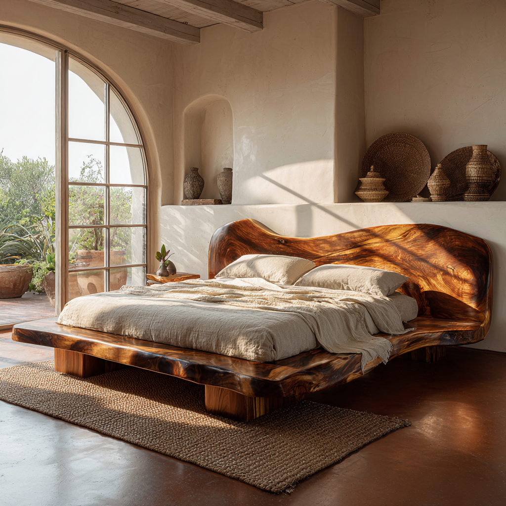 Handcrafted Solid Wood Platform Bed with Sculptural Headboard for Bedroom