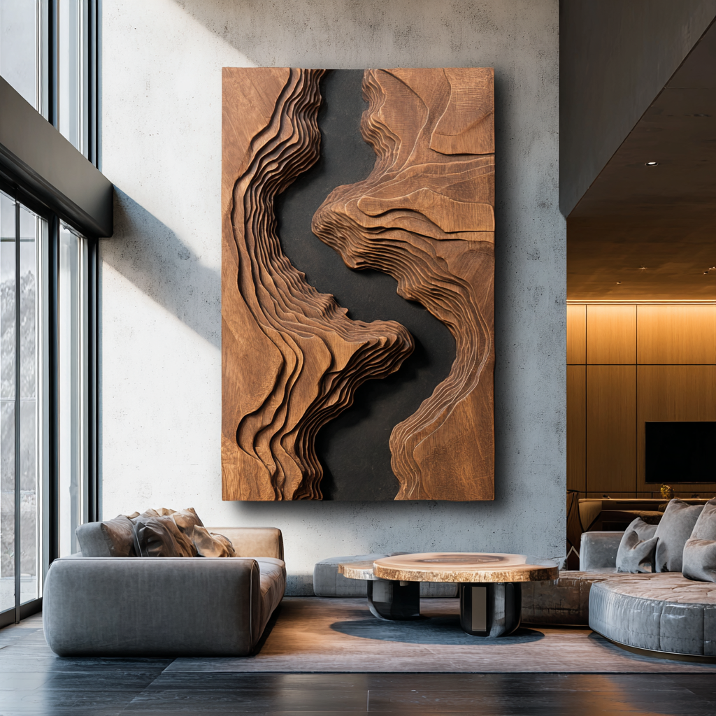 Large Solid Wood Layered Topographic Wall Sculpture for Modern Interiors