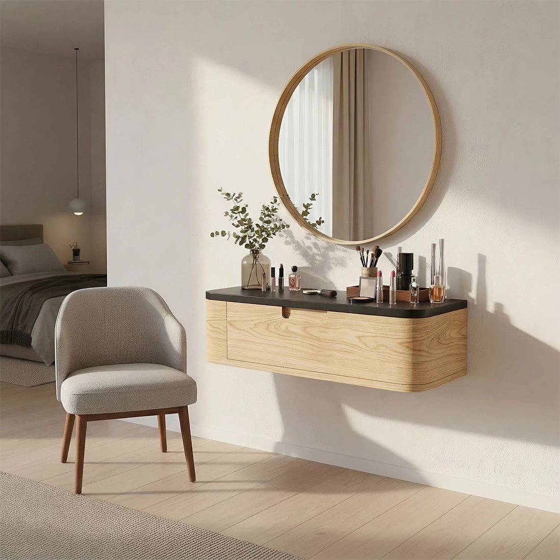 Floating Wood Vanity with Black Top