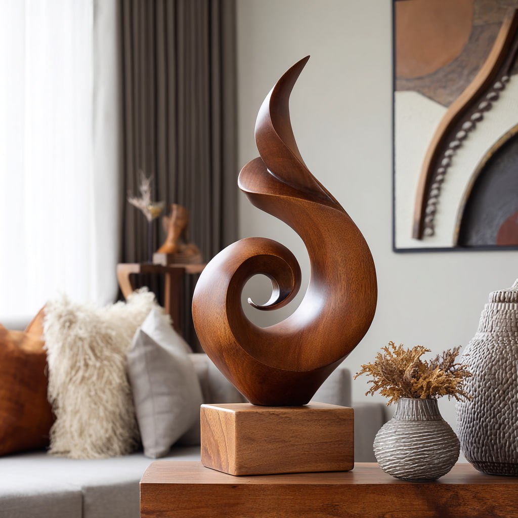 Handmade Abstract Spiral Wood Sculpture Modern Minimalist Tabletop Art Decor