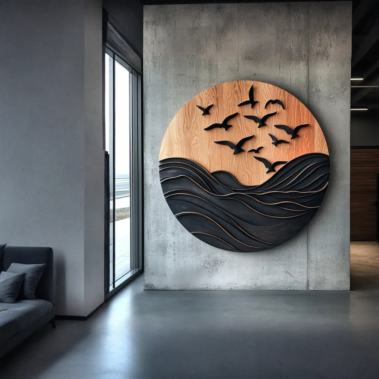 Seascape Solid Wood Wall Sculpture with Birds for Living Room
