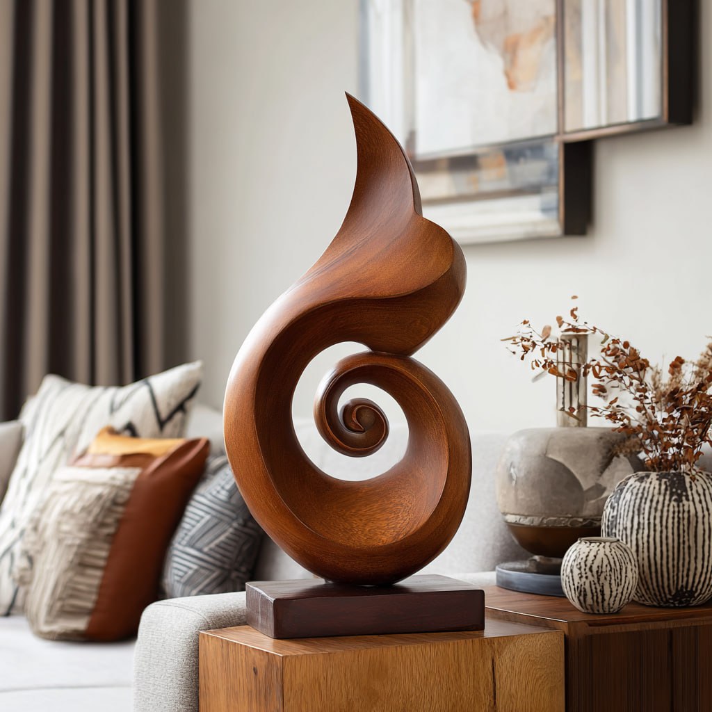 Handmade Spiral Wood Sculpture Modern Abstract Tabletop Decor